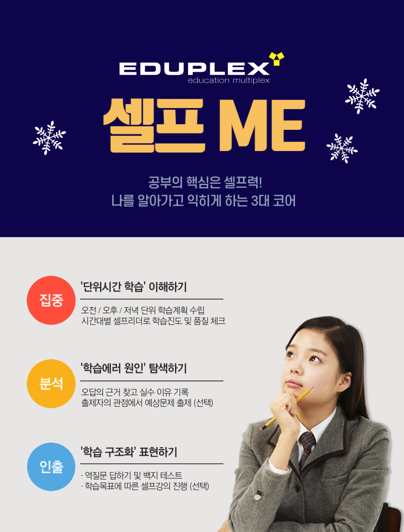 자기주도적 실천 학습, 셀프 ME! 아는 것과 행하는 것은 다릅니다. 안다고 해서 다 실천되지 않는다는 뜻입니다. 자기주도학습에 대해 많이 들어보고 알고 있을 수는 있지만 실제로 실천하는 연습을 해보지 않으면 내 것이 아닙니다. 시간대별로 학습 계획을 수립하고 집중하여 완수하는 노력을 기울여 보는 것, 오답과 실수의 원인을 찾고 능동적인 학습 태도를 익히는 것, 학습한 내용을 구조화 함으로써 메타인지를 강화하고 장기 기억으로 이전하는 과정을 연습해 보는 것, 이러한 연습을 통해 자기주도학습의 실천력을 강화합니다.