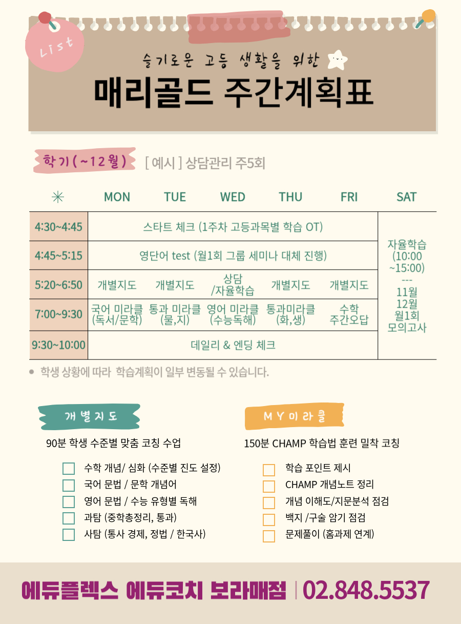중3전환기_보라매_2025_06 슬기로운 고등 생활을 위한 매리골드 주간계획표(프리윈터) _ 5시간 30분의 주간 학습 계획 / 심화 학습을 위한 학생 수준별 주요과목 맞춤 코칭 수업, 개별지도 / 150분 CHAMP 학습법 훈련 밀착 코칭, My 미라클