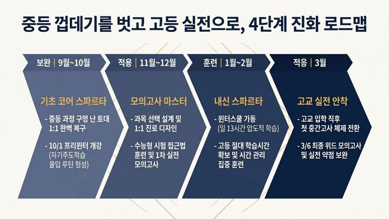 2026 중3 고등 전환기_매리골드 4기_Intro_04 매리골드 4기 4단계 진화 로드맵 안내 이미지. 9~10월 기초 코어 스파르타 보완, 11~12월 모의고사 마스터 적용, 1~2월 내신 스파르타 윈터스쿨 훈련, 3월 고교 실전 안착으로 이어지는 단계별 성장 과정을 설명합니다.