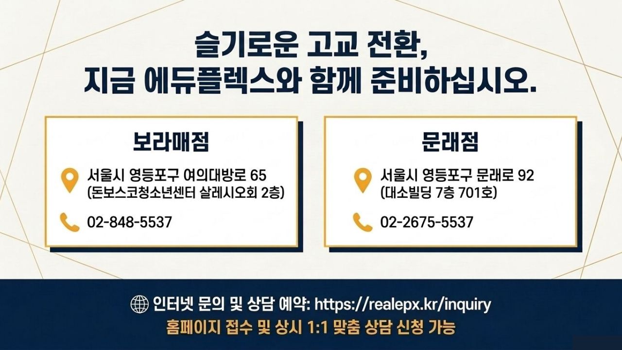 2026 중3 고등 전환기_매리골드 4기_Intro_10 에듀플렉스 보라매점 및 문래점 위치 및 상담 문의 안내 이미지. 보라매점 안내(https://brm.realepx.kr 02-848-5537)과 문래점 안내(https://mr.realepx.kr 02-2675-5537)의 상세 주소, 전화번호, 이메일 문의 및 상시 1:1 맞춤 상담 예약 페이지(https://realepx.kr/inquiry) 정보를 안내합니다.